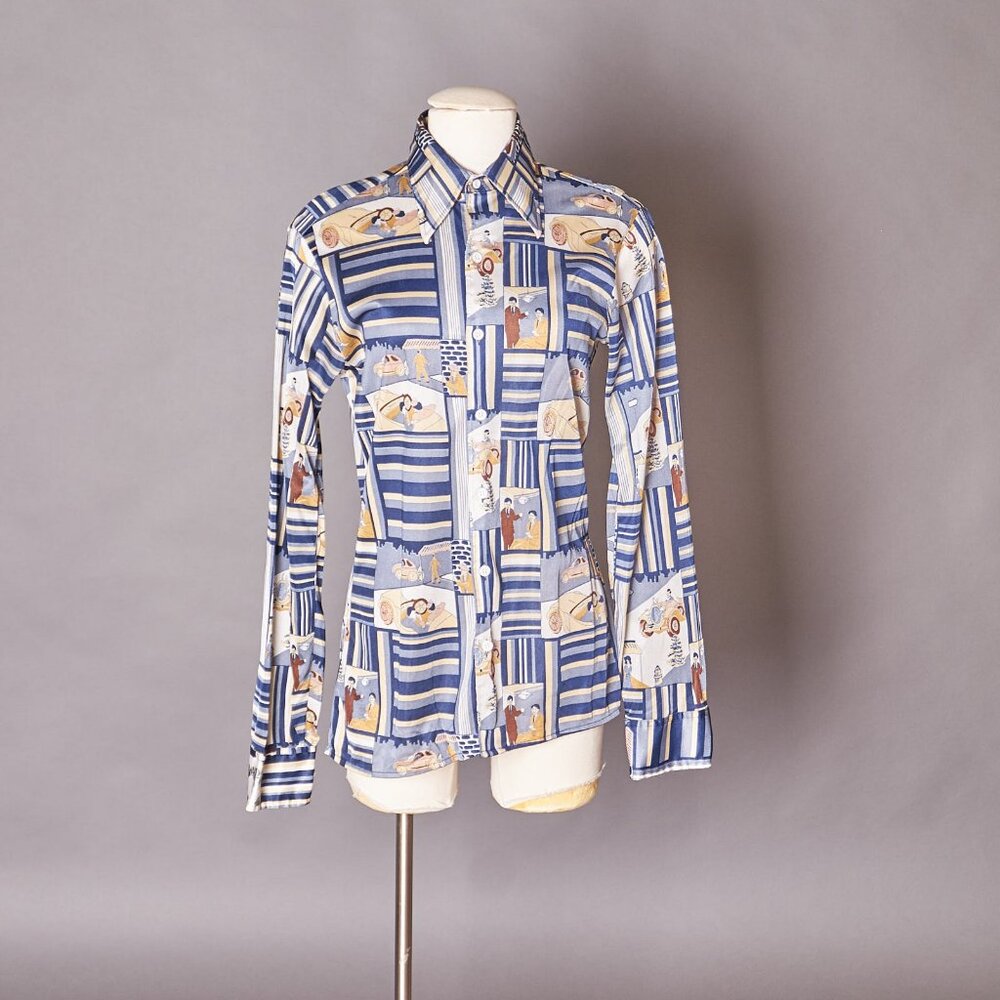 1970s Novelty Car Print Butterfly Collar Button Up shirt